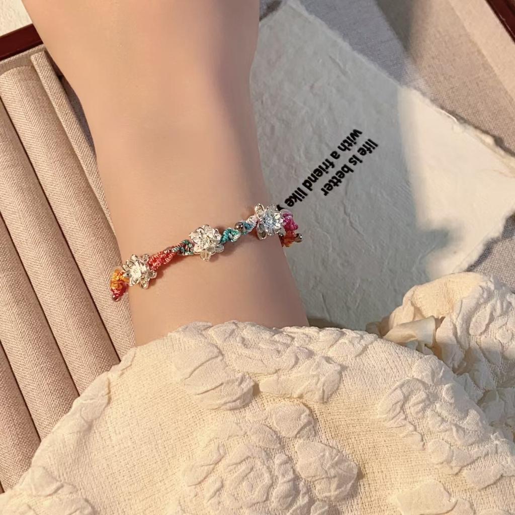 Lucky Chinese Style Braid Lotus Flower Beaded Bracelet For Women Bracelet Handmade Vintage Party New Year Jewelry Adjustable