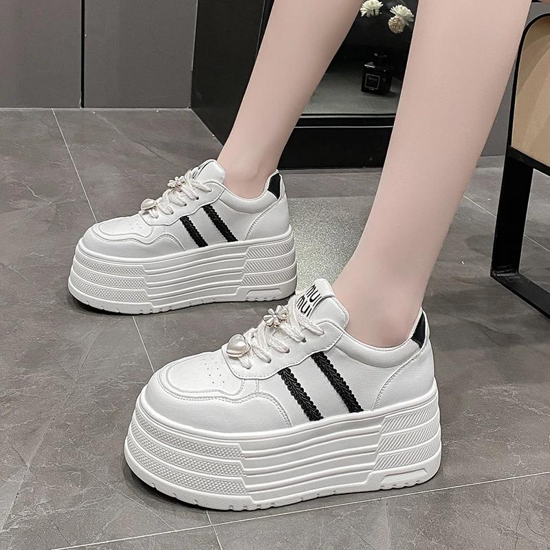 

8см Кожаные Балетки Повседневная Обувь для Папы Массивные Кроссовки 2025 Женская Платформа Спортивная Обувь Женские Кеды Скрытая Пятка Обувь Теннис 40 чёрный