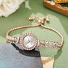 New Fashion Women Quartz Watch Leaf Design Slim Strap Rhinestone Round Dial Pull Adjustable Bracelet Wristwatch