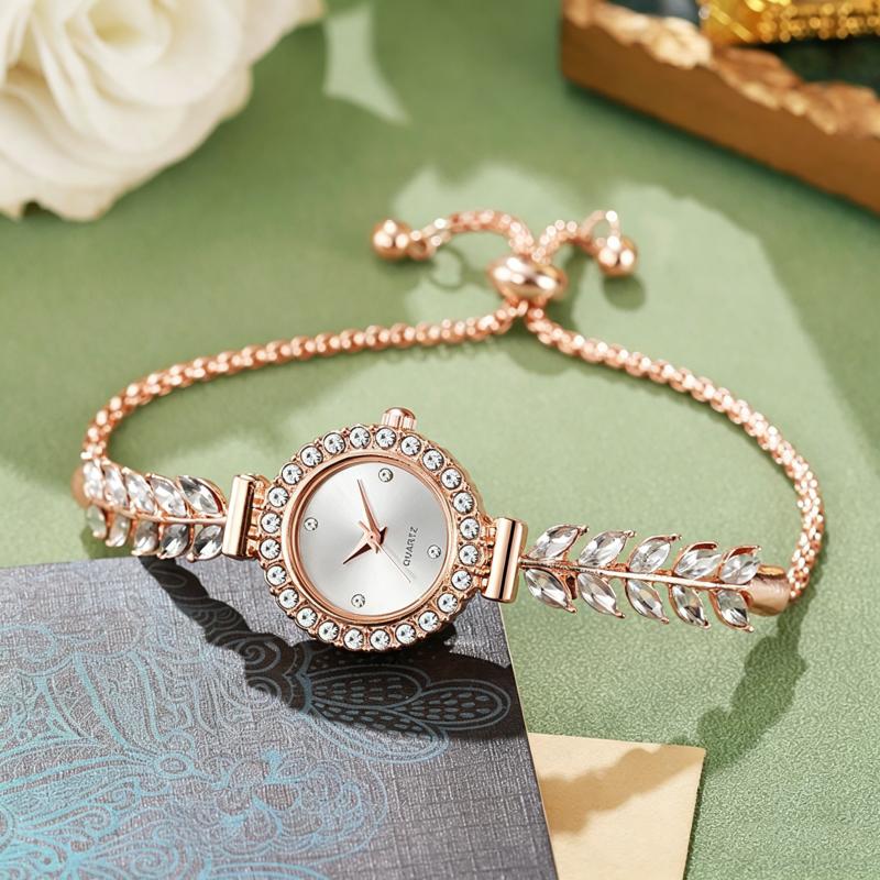 New Fashion Women Quartz Watch Leaf Design Slim Strap Rhinestone Round Dial Pull Adjustable Bracelet Wristwatch