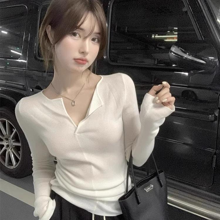 Red Sweater Women Autumn Winter Premium Slim Fit Long Sleeve Knit Tight Crop Base Layer Top