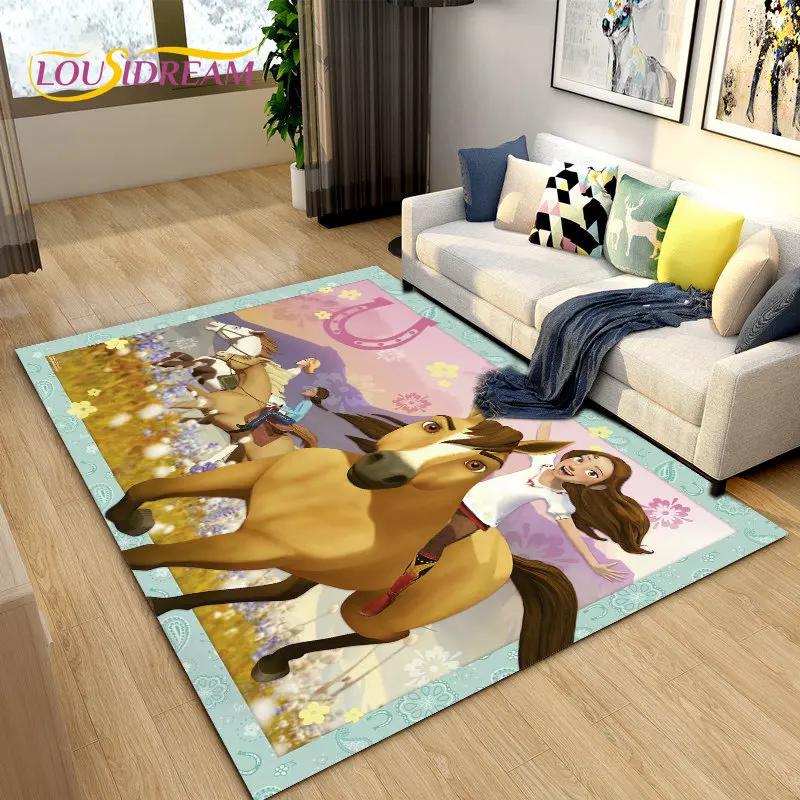 Cartoon Spirit Riding Free Horses Area Rug,Carpet Rug for Living Room Bedroom Sofa Doormat Decoration, Kids Non-slip Floor Mat