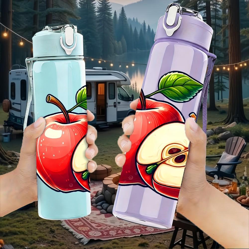1PC Fresh Red Apple Fruit Sliced Print 750ml Color Plastic Sports Water Bottle Leakproof Flip Straw Lid Suitable for Sports Office Home Use
