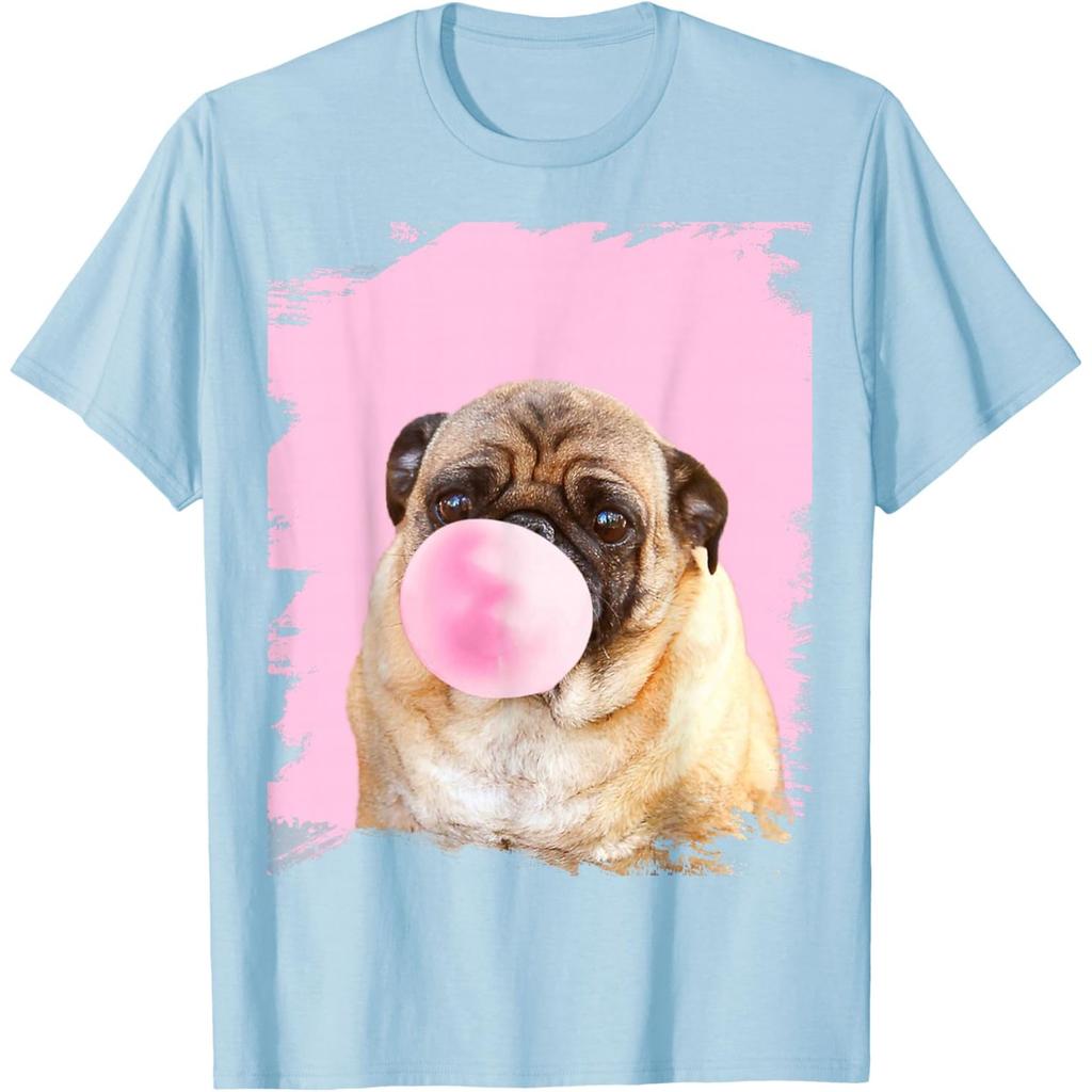 Pug Dog Chewing Pink Gum Graphic Tee Funny Animal Print Casual Crewneck Tshirt For Men
