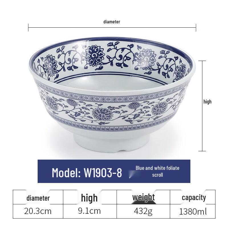 Yipan Chinese Style Melamine Blue & White Noodle Bowl