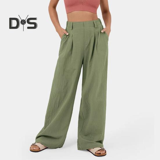 

Женские брюки с эластичной резинкой и высокой талией, широкие брюки с глубоким промежностью, однотонные свободные прямые повседневные мягкие дышащие женские длинные брюки полной длины L хаки