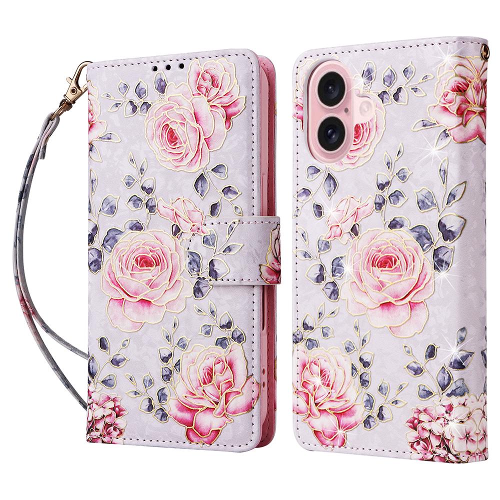 

For iPhone 17 Case RFID Blocking Flower Leather Phone Cover with Wrist Strap Rose Flower