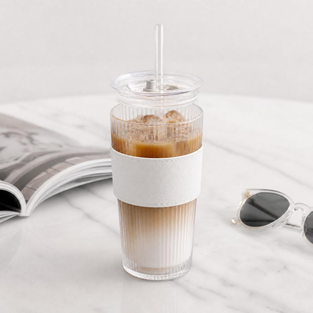 Glass Tumbler Set 560ml Large Capacity Cold Coffee Cup with Straw Lid and Sleeve Leak Proof Aesthetic Drinkware Suitable for Coffee Bar Accessories