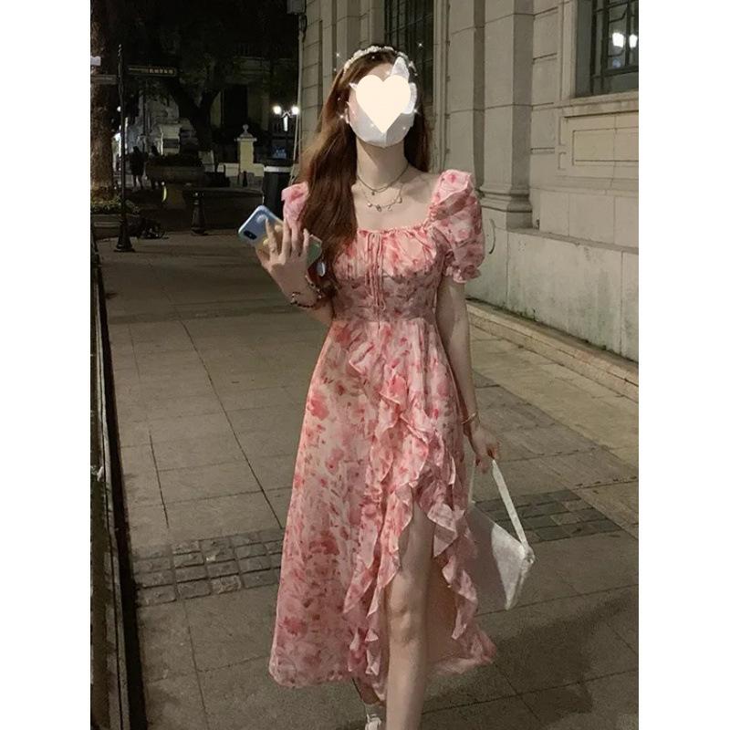 Floral dress women's summer large-size women's clothing, gentle wind, waist and thin, long skirt with split ruffles