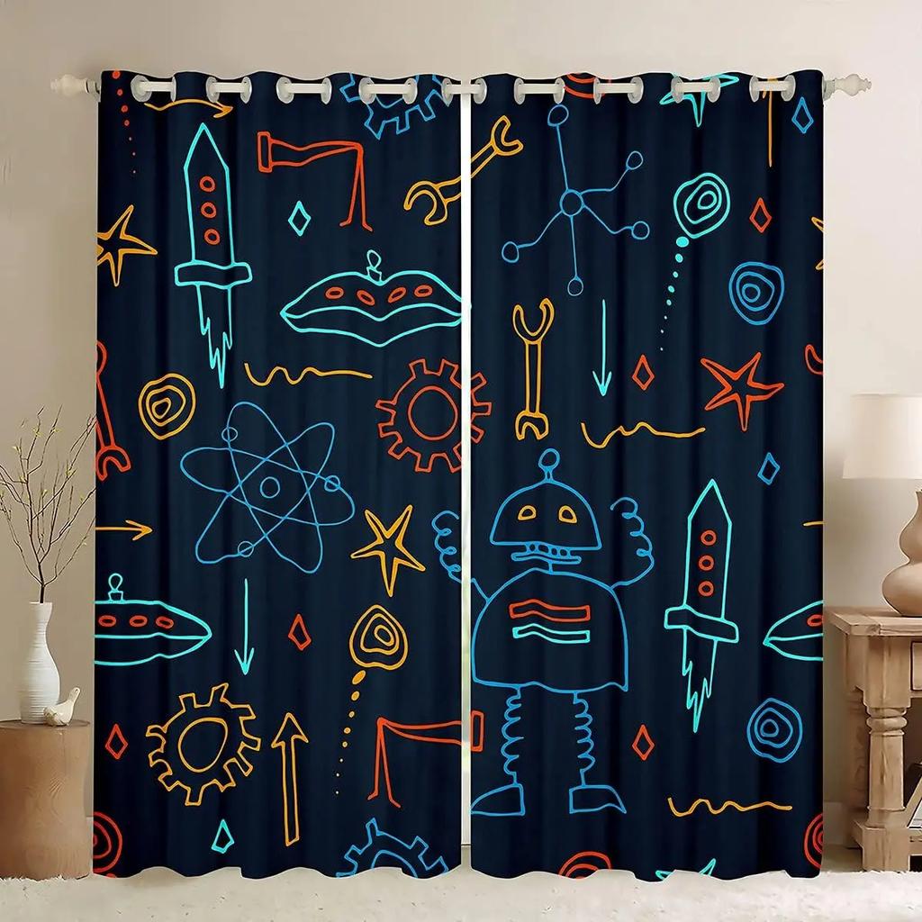 Cute Astronaut High Shading Curtain Machine Crafted Robot Pattern Children's Blackout Window Curtains for Living Room Window Drape Curtain Selling