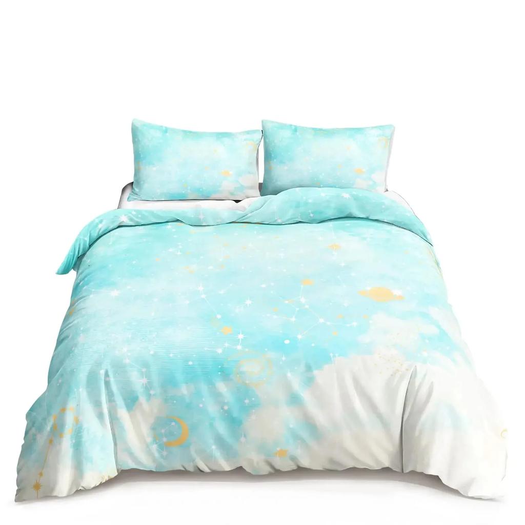 Kawaii Moon Starry Night Sky Duvet Cover Set Blue Pink Purple Star Galaxy Bedding Sets Full Size for Boys Girls Comforter Cover