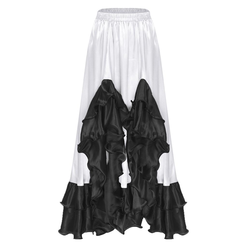 Ladies Spanish Dance Skirt Flamenco Style Ruffled Trim Irregular Hem Satin Elastic Waist Big Swing Skirt
