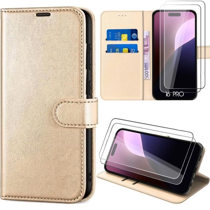 Case + 2 Tempered Glasses for iPhone 16 Pro - Flip Case PU Leather Shockproof Gold