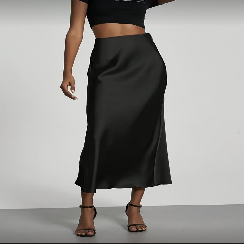 Elegant European-American Satin Midi Skirt with Slimming Drape