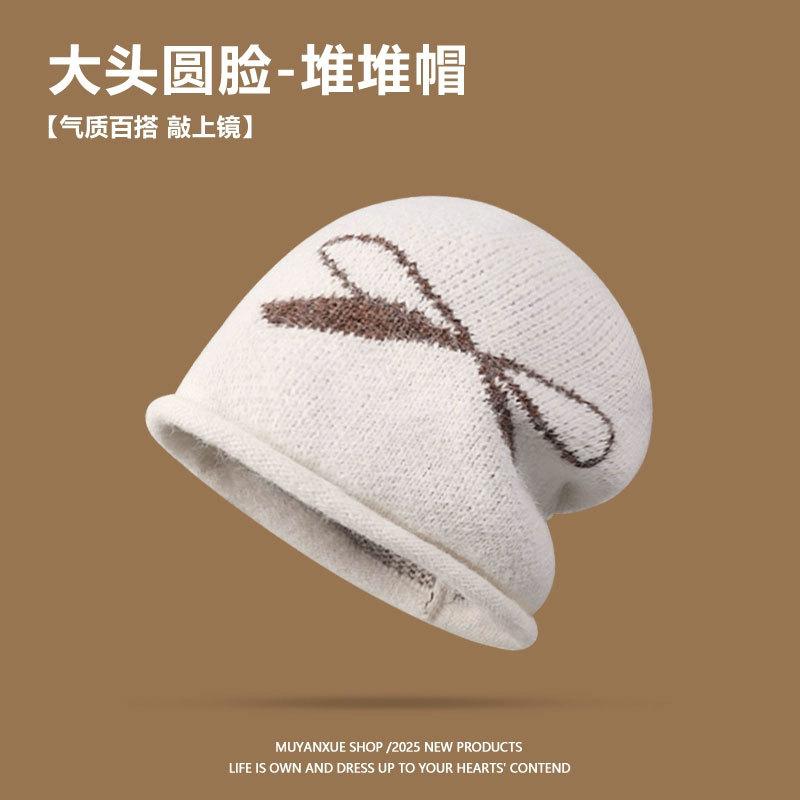 Bow black stack hat women's autumn and winter warm knitted pullover cold hat retro big head circumference showing face small bag head hat