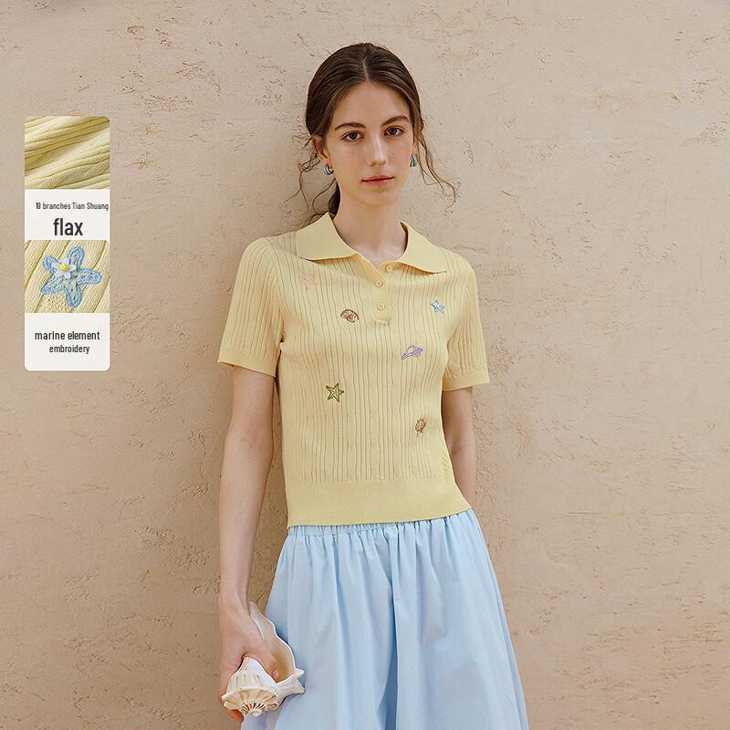 INMAN вязаный топ-поло с вышивкой, короткий рукав, из лиоцелла и льна M