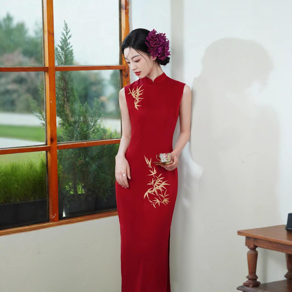 Cheongsam New Chinese 1011 Red Improved Young Republic of China Style Acetic Acid Embroidered Long Dress Double Layer