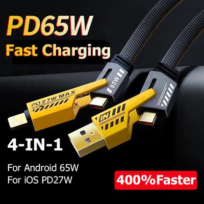 4in1 Type C To Type C 65W Mecha Style Fast Charging Cable for iPhone Samsung Xiaomi Redmi POCO OnePlus USB A To USB C Data Cord