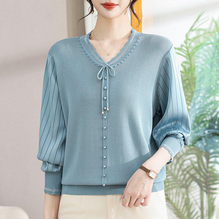 Fashion Casual V-Neck Lace-Up Knitwear Pullover for Women: Long-Sleeved Mother's Day Top
