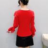Spring Autumn Women's Ruffles Sleeve T-Shirt Elegant V-neck Tees Slim Ladies Tops With Rhinestone
