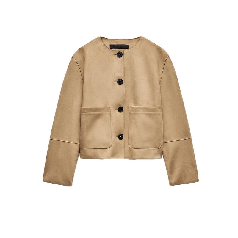 

Spring New Women s Clothing French Suede Texture Effect round Neck Long Sleeves Short Jacket 6318034 Tan L