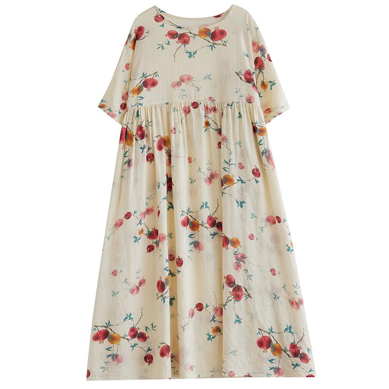 Summer New Mori Large Size Short-sleeved Dress Women Loose Casual Printed Long Skirt