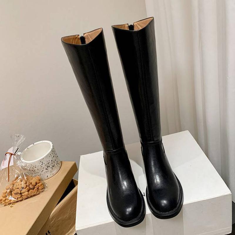 

Autumn and winter leather knight boots women s medium heel versatile women s leather boots square heel large tube circumference zipper cowhide high 40