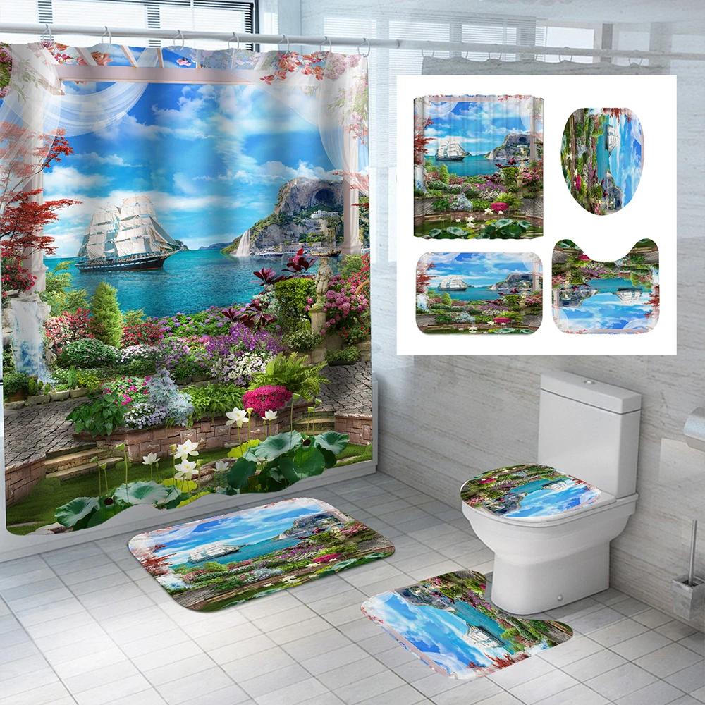 Sunny Beach Pattern Waterproof Polyester Shower Curtain With Hooks Anti-Slip Soft Bath Carpet Mat Lid Toilet Cover Home Decor