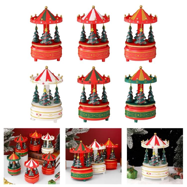 Artistic Christmas Tree Themed Rotating Music Box Wood Hand Cranked Musical Ornament For Holiday Seasonal Atmospheres