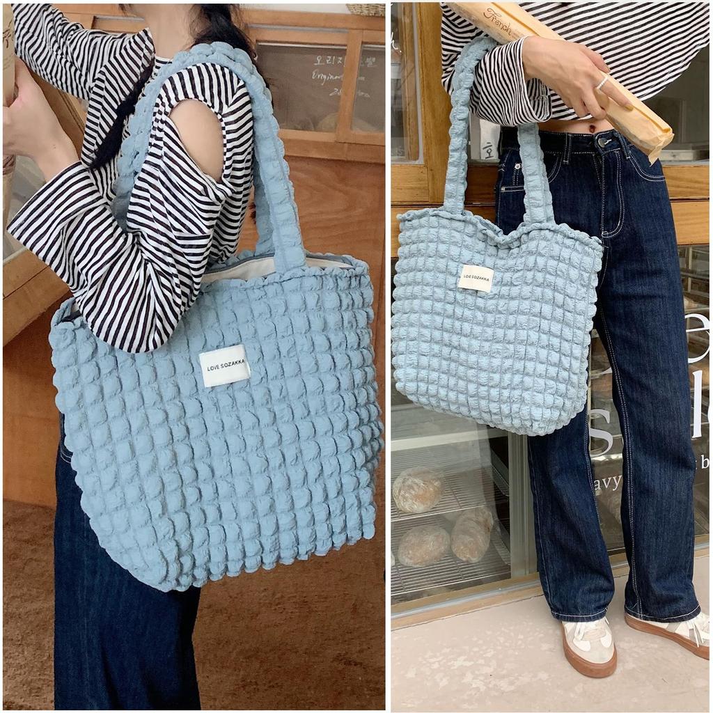 YIBONIKA Quilted Tote Bag, Popcorn Bag, Women's, Vertical, Fluffy, Shoulder Bag, Handbag, A4 Size, Zippered, Contoured, Large Capacity, Stylish,