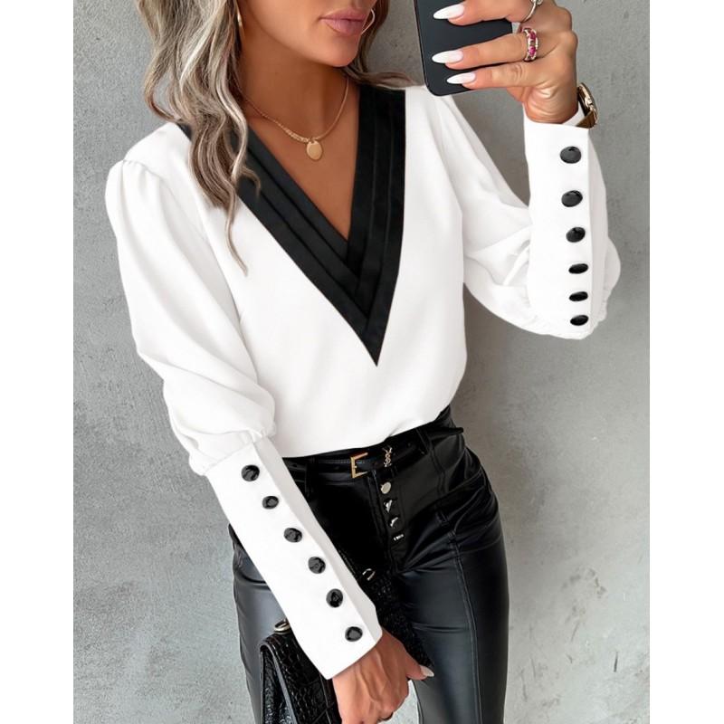 Womens V-Neck Solid Color Long Sleeve Button-Up Blouse Soft Satin Office Chic Top