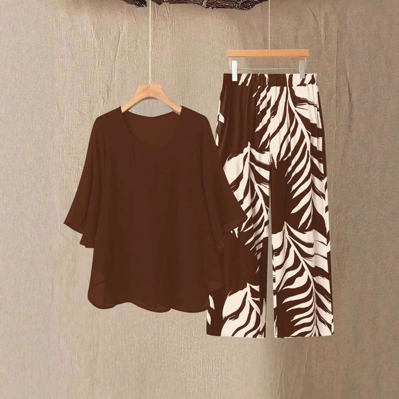 Damen Sommer Chiffon Kurzarm Zweiteiler Set in Übergröße – Elegantes Lockeres Oberteil und Hosen Outfit