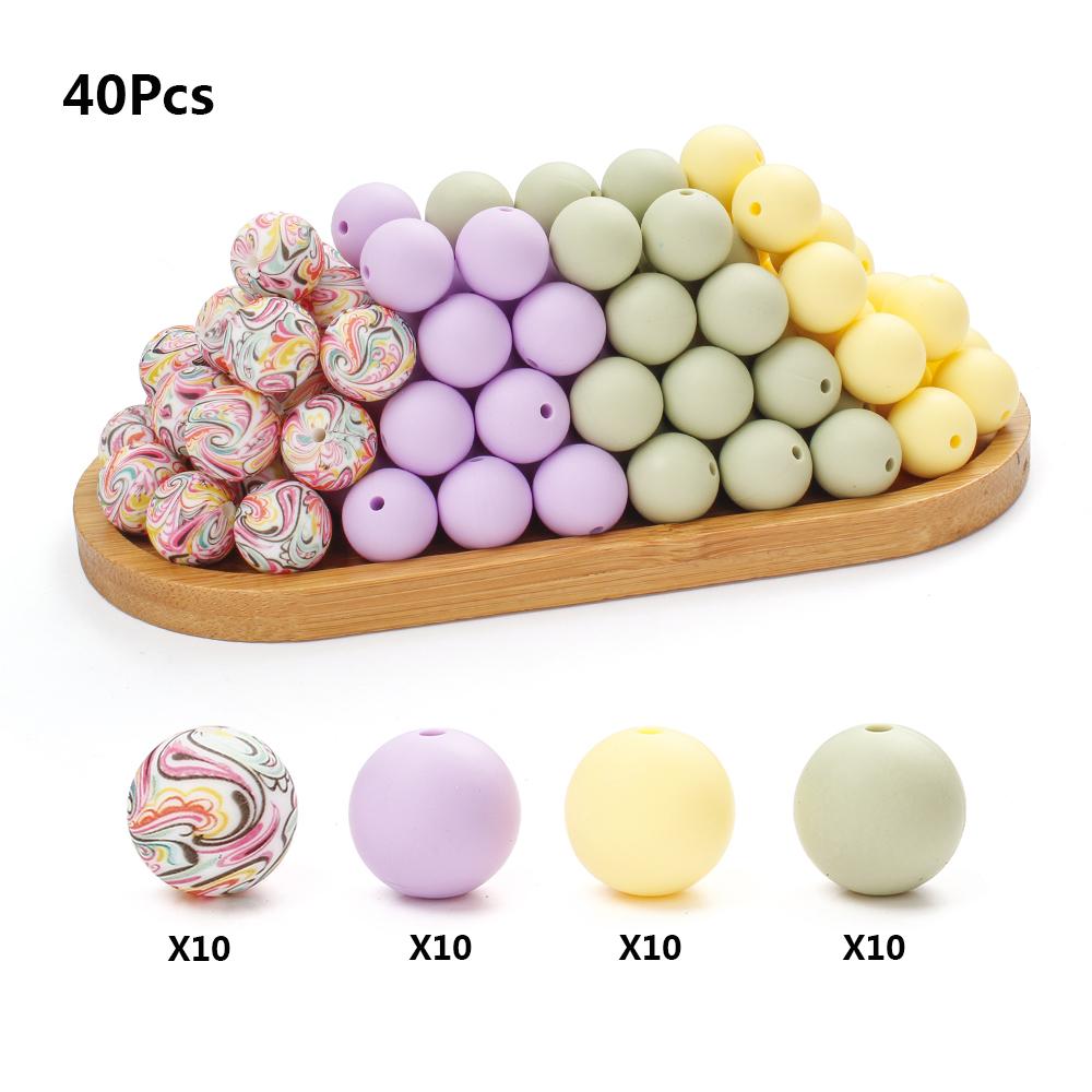 

15mm 40Pcs Silicone Beads Pacifier Chain Teething Toy BPA Free Chewable Teething Beads Pacifier Teether DIY Necklace Accessories белый