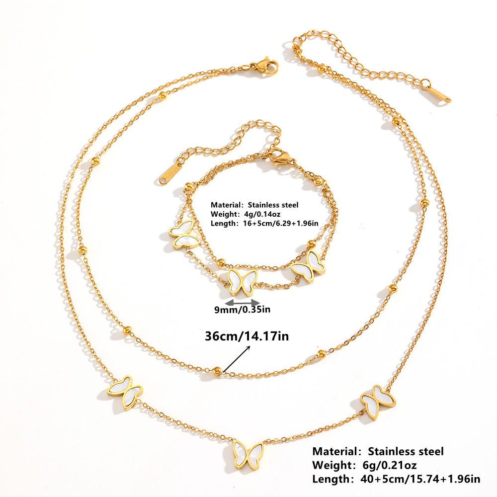 INS Style Titanium Steel Sweet Butterfly Pendant and Double Layer Bead Clip Jewelry Set for Women
