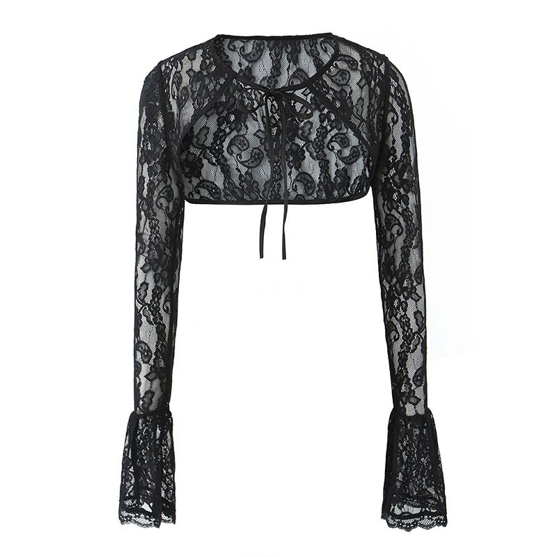

Wild Factor House Same Chic Sexy Sexy Black Lace Stitching Sling Tops Bell Sleeve Waistcoat Black waistline L