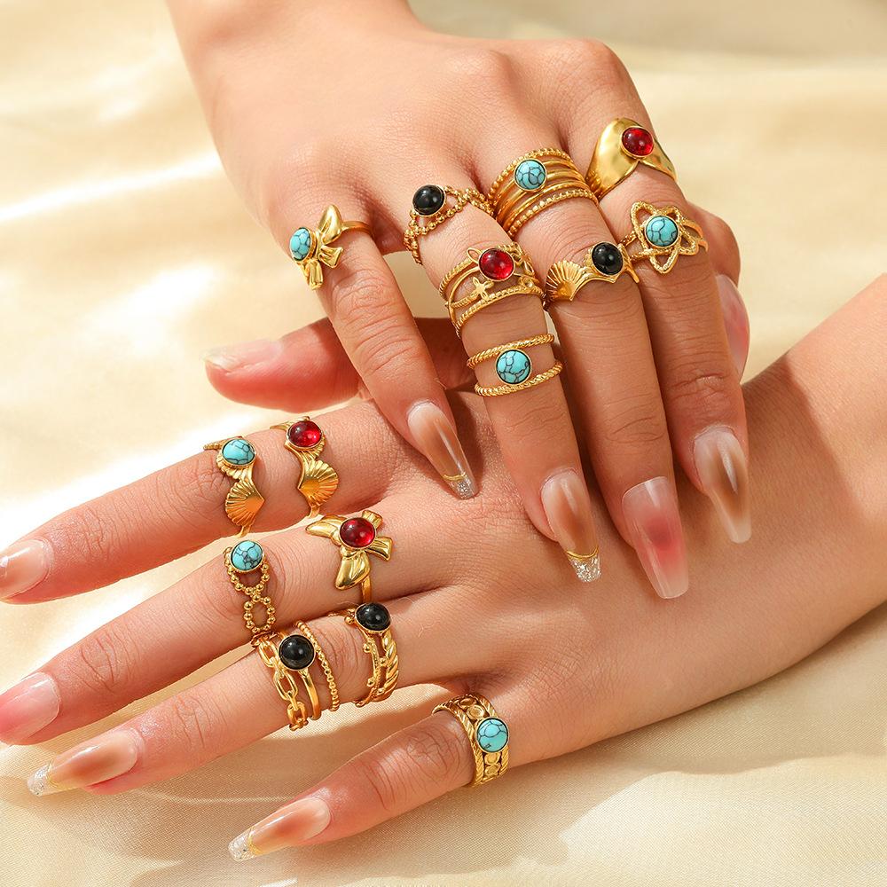 Middle East Titanium Steel Ring Female Turquoise Geometric Non-Fading Stainless Steel Ring