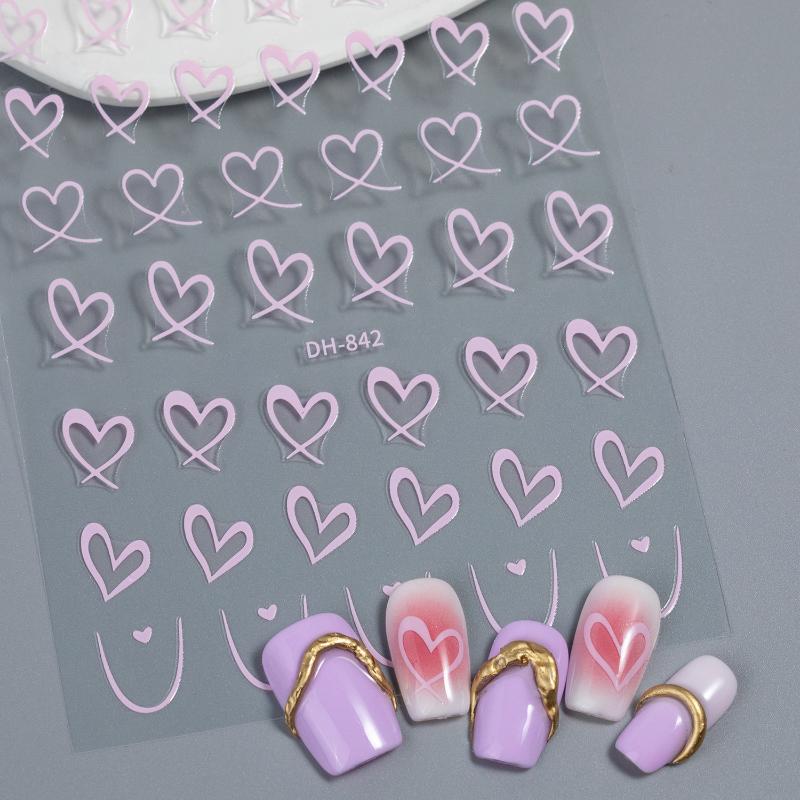 1 Sheet Nail Art Stickers 3D Cute Heart White Gold Silver Lines Love Heart Nail Decals Diy Adhesive Slider Manicure Decorations