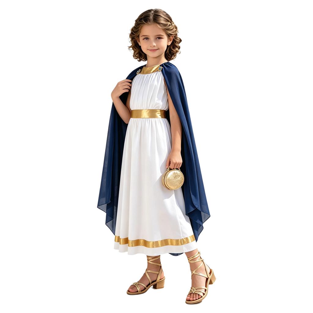 Disfraz Griego Romano para Niñas de Halloween Túnica con Chal Lateral de Contraste Cremallera Trasera Sin Mangas Vestido con Ribete Metálico para Cosplay
