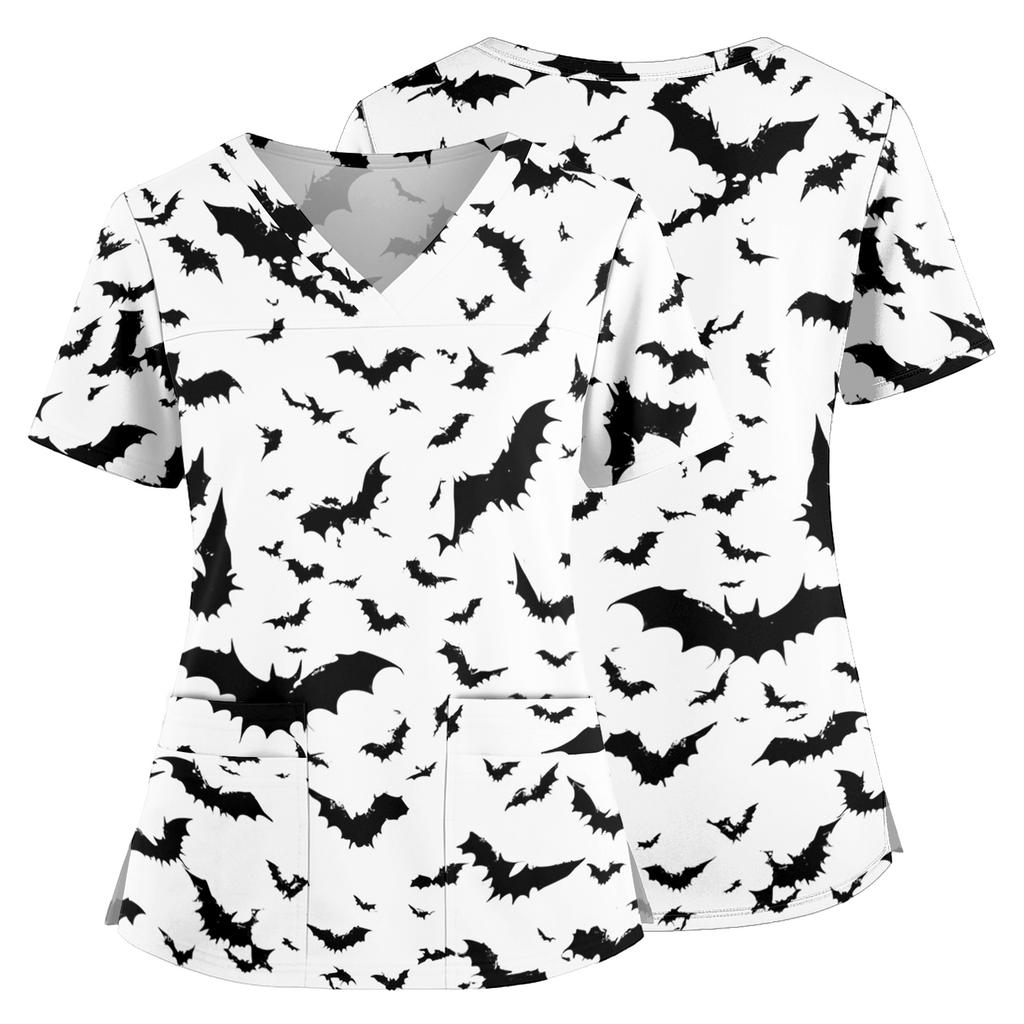 Halloween Print V Neck Medical Scrub Top with Pockets Side Slits Short Sleeve Nurse Uniform Shirt for Women