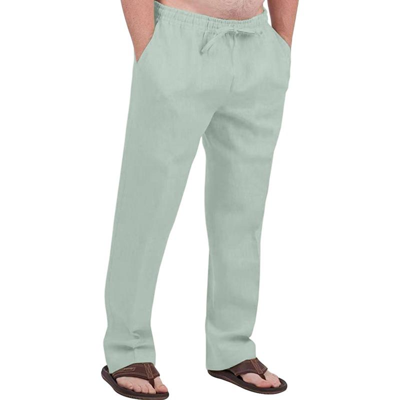 Herren Freizeit Atmungsaktive Baumwoll-Leinen Kordelzug Hose – Atmungsaktive Sommer Strandhose