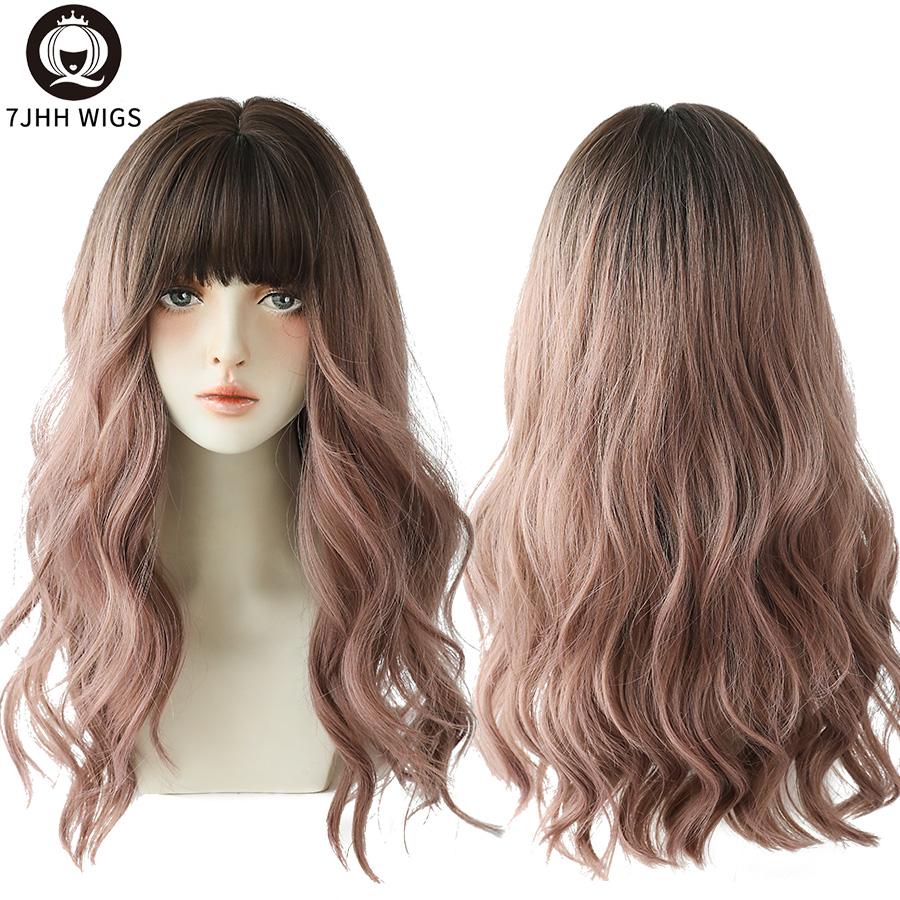 7jhh Wigs Blue Deep Wave Wig With Bangs For Women Long Omber Brown Hair Layered Heat Resistant Cosplay Party Synthetic Wig