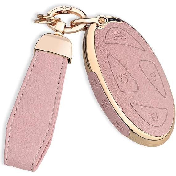 QBUC for Hyundai Key Fob Cover with Key Chain, Upper Leather + Soft TPU Car Key Case for Hyundai Ioniq 6 Grandeur GN7 KONA Elanrtra Santa Fe Tucson