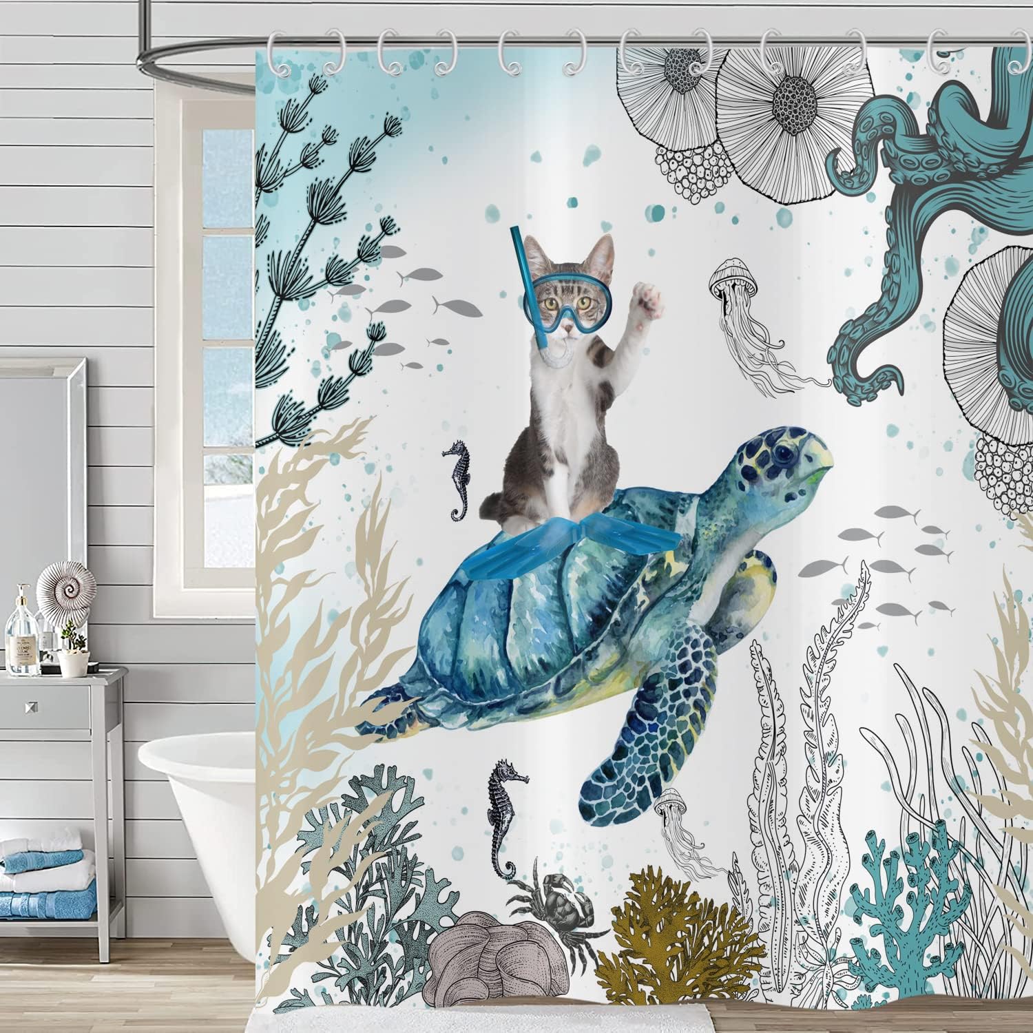 

Cute Cat Blue Children Shower Curtain Waterproof Washable Polyester Material Bathroom Decorative Curtain With Hook W90*H180(CM)-1 Pcs
