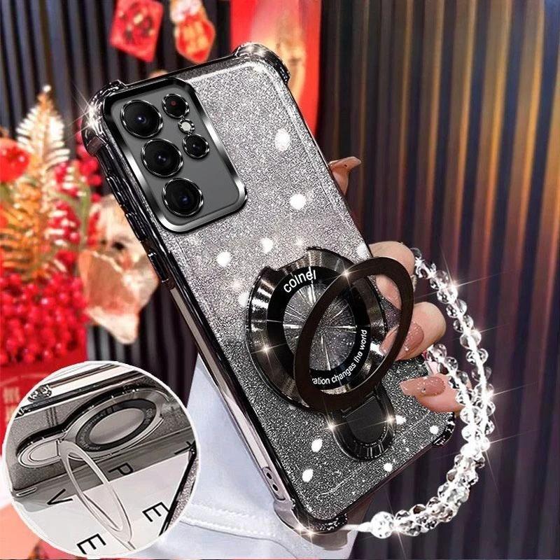 For Samsung Galaxy A17 A07 A56 A16 A26 A36 A06 A15 A25 A35 A55 A05 A14 A24 A34 A54 Glitter Plating Magnetic Holder Bracelet Case