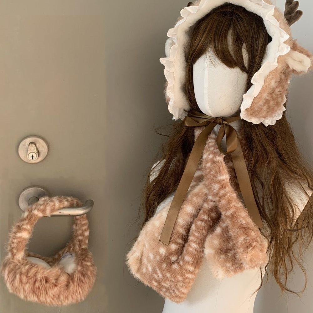 Faux Fur Antlers Hairband Japanese Lolita Headband Christmas Elk Deer Scarf Winter Furry Thicken Earmuffs Cosplay Accessories