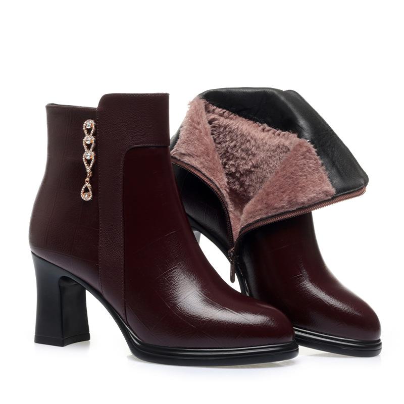 Autumn/Winter 2023 Chunky Heel Ankle Boots - Warm Fleece-Lined Leather Shoes for Middle-Aged Women
