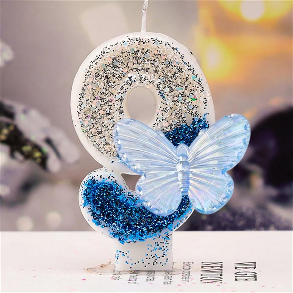 

Number 0-9 Birthday Candle Blue Butterfly Themed Cake Candle for Birthday Party Large Cute Candles for Cake Topper Decoration
