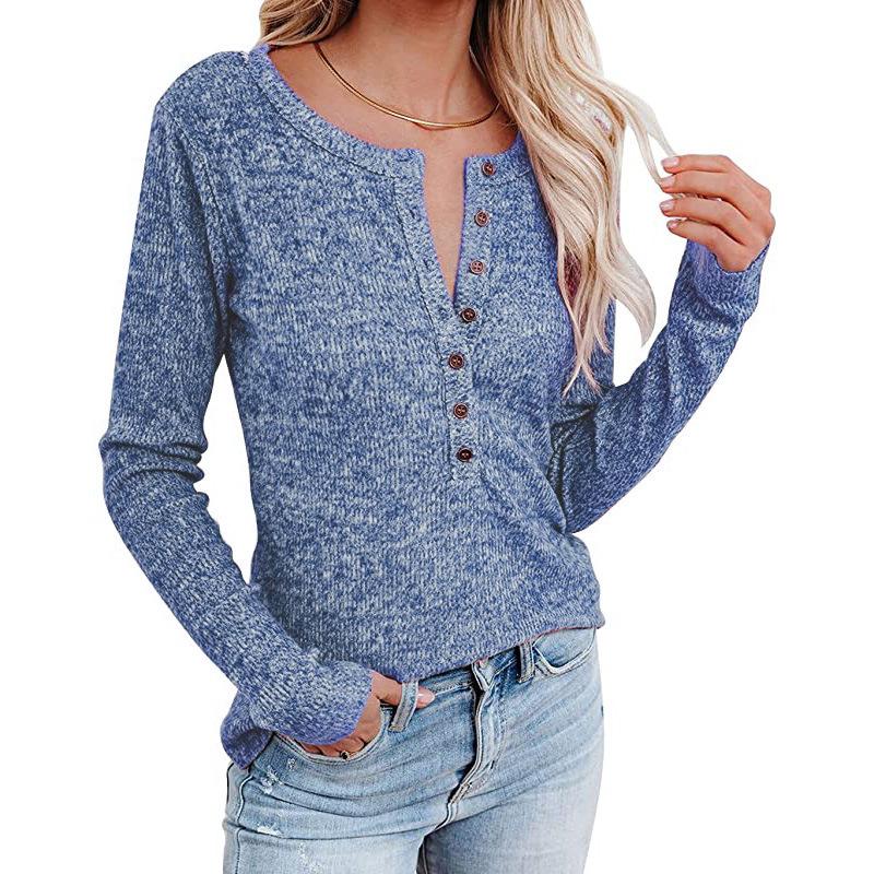 Outono Inverno Feminino Botão Peito Casual Manga Longa T-shirt