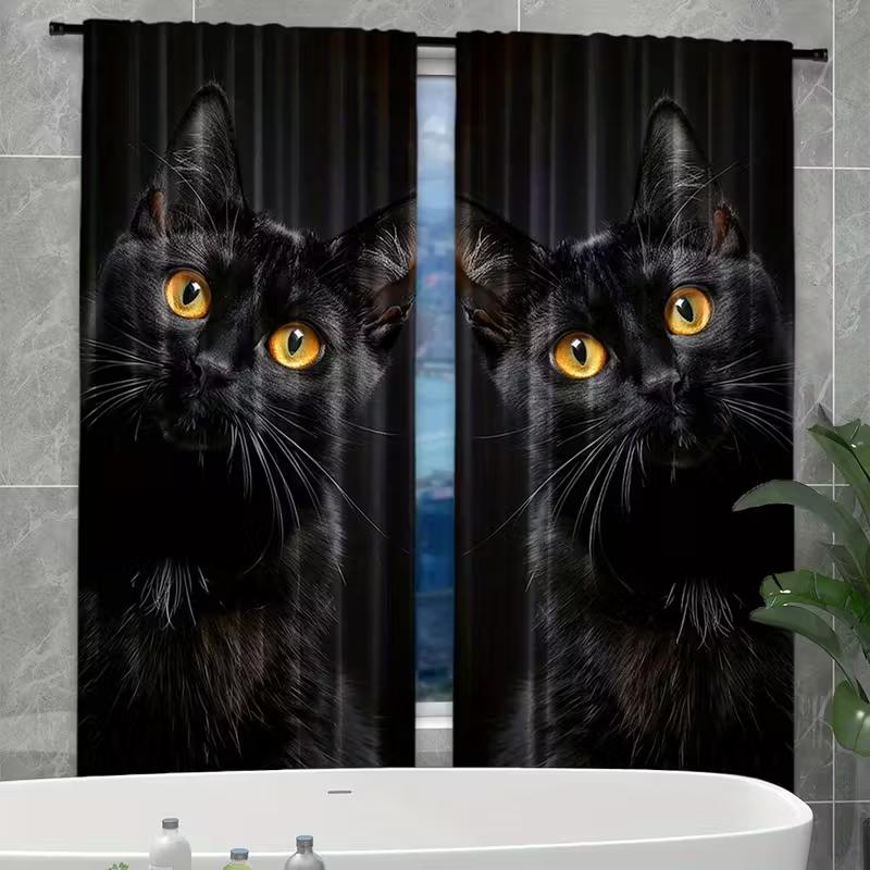 2PCS Black Cat Print Art Curtains, Pole Bag Polyester Material Design, Bedroom, Home Decoration