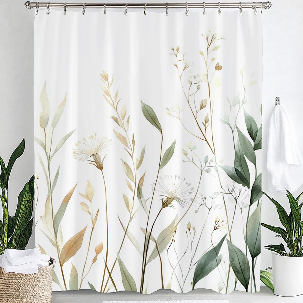 Watercolor Botanical Floral Leaf Shower Curtain, Floral Bathroom Decorative Shower Curtain, Print Fabric Home Curtain with Hooks